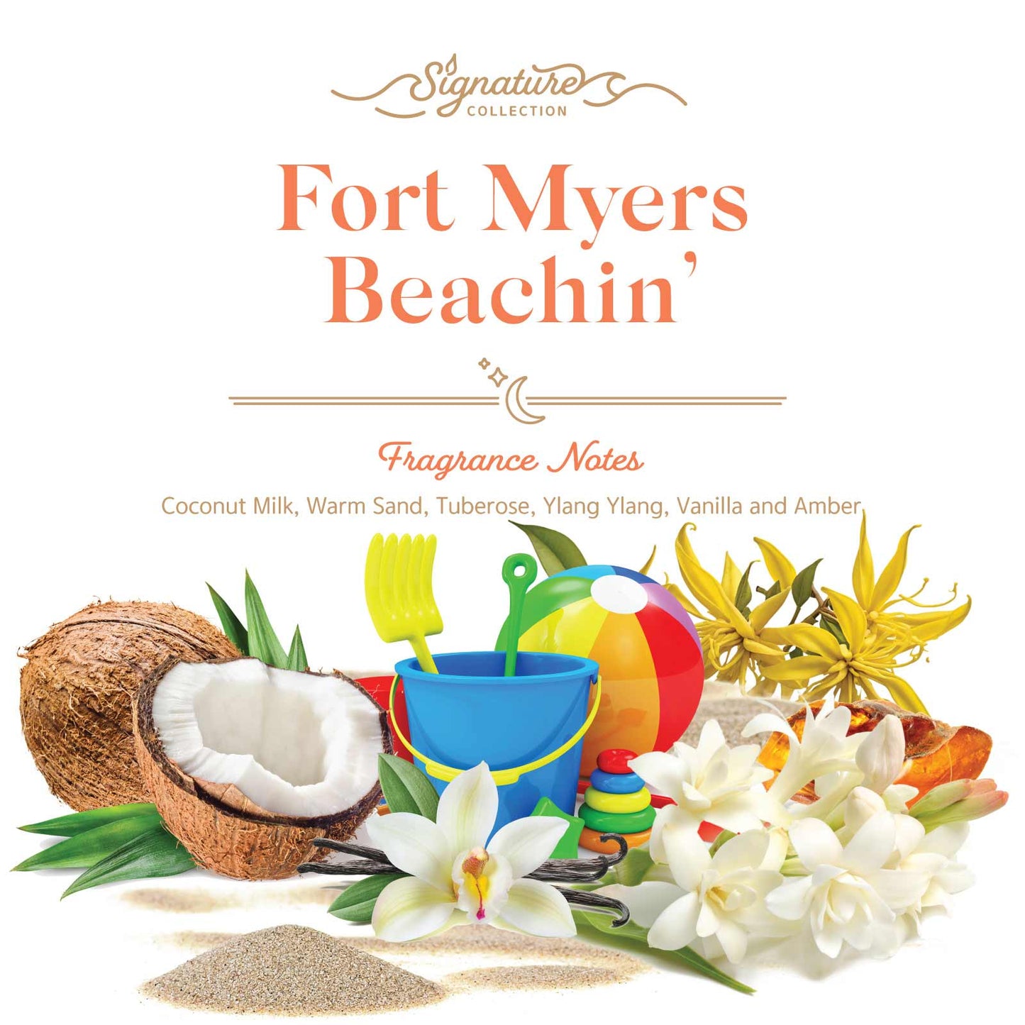 Product packaging for Fort Myers Beachin' with coconut, flowers, and beach elements on a white background.