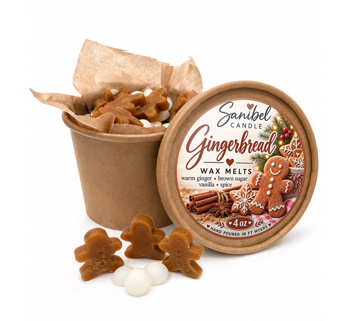 Sanibel Candle Gingerbread wax melts in a 4 oz kraft container with gingerbread man-shaped melts and decorative holiday-themed product lid.