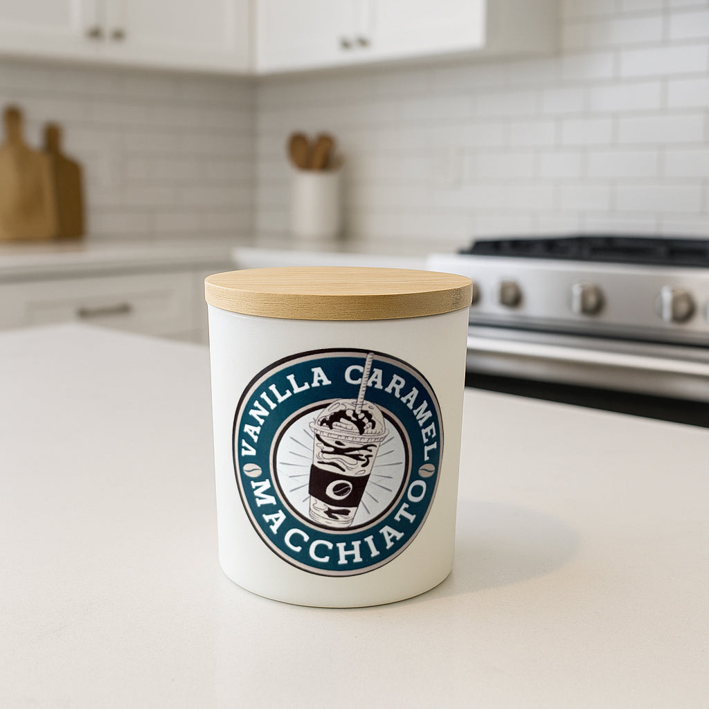 Vanilla Caramel Macchiato container on a kitchen counter