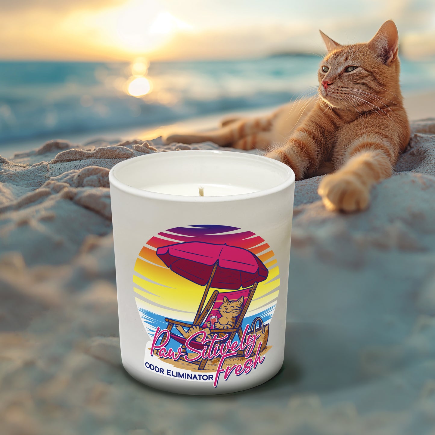 Candle with a beach design on a sandy surface with a cat in the background