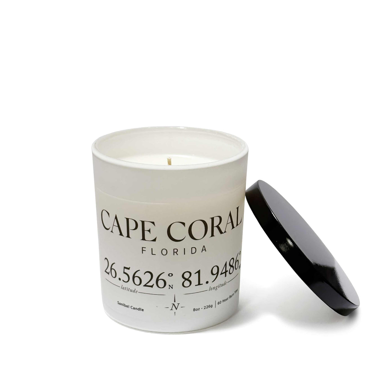 Cape Coral White handmade Candle showing map Coordinates