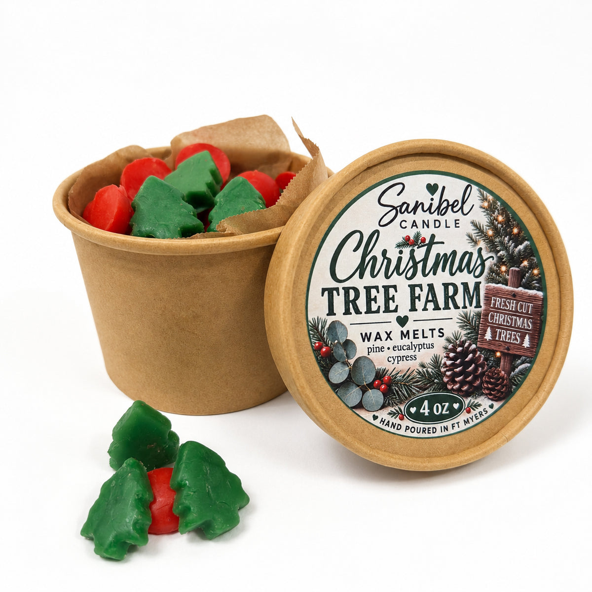 Sanibel Candle Christmas Tree Farm wax melts in a 4 oz kraft container with red and green Christmas tree-shaped melts and festive product lid.