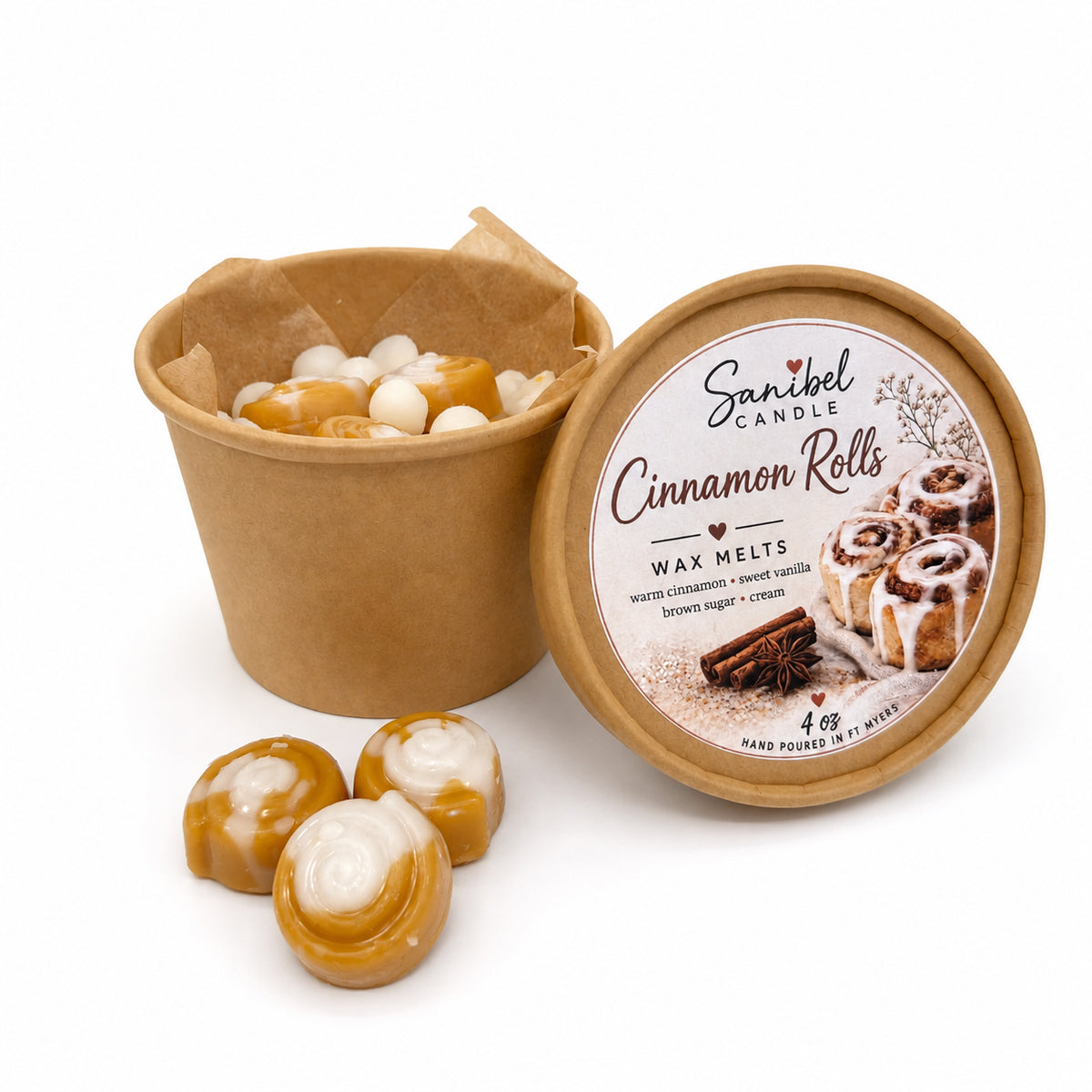 Sanibel Candle Cinnamon Rolls wax melts in a 4 oz kraft container with cinnamon roll-shaped melts, white icing swirls, and decorative product lid.
