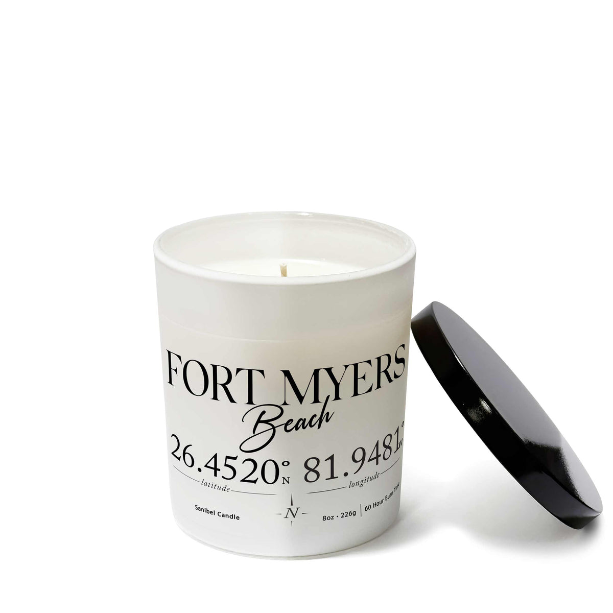 Fort Myers Beach White handmade Candle showing map Coordinates