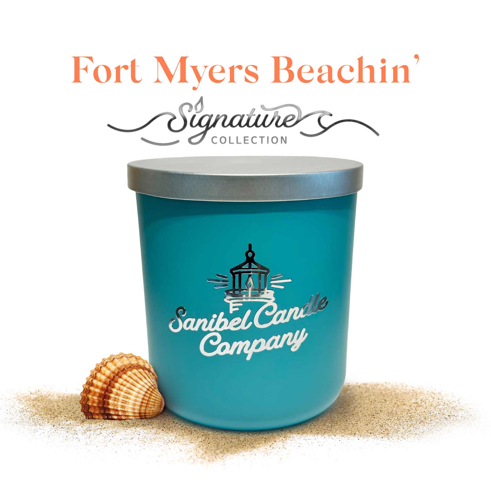 Fort Myers Beachin Scent 12 oz signature candle on white background with sand and a shell 