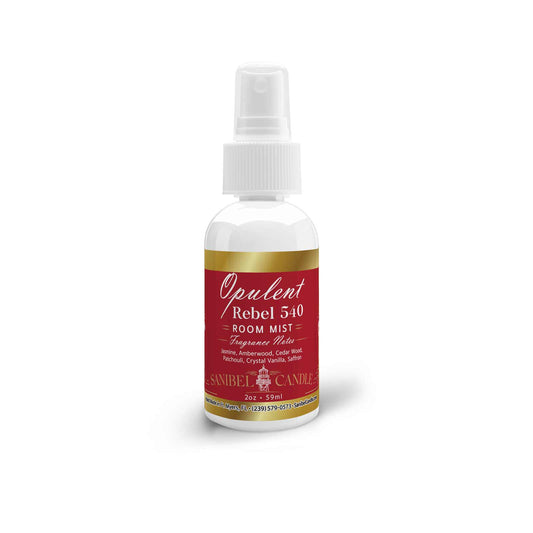 Opulent Rebel 540 room mist bottle with red label on white background