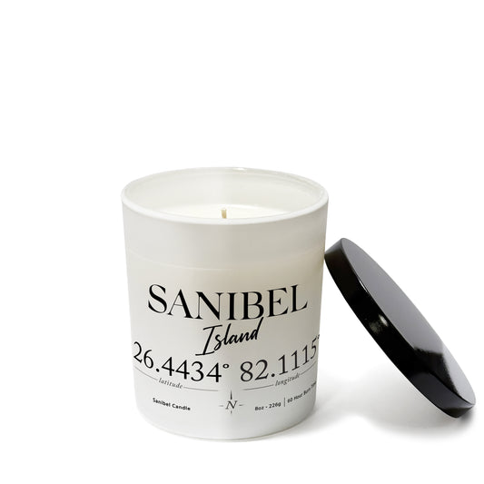 Sanibel Island White handmade Candle showing map Coordinates