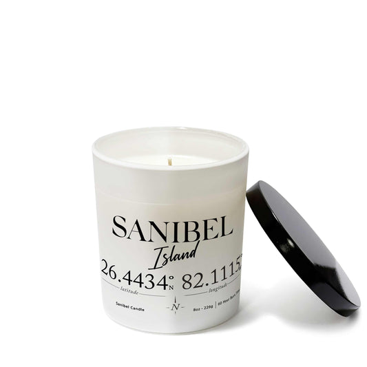 Sanibel Island White handmade Candle showing map Coordinates