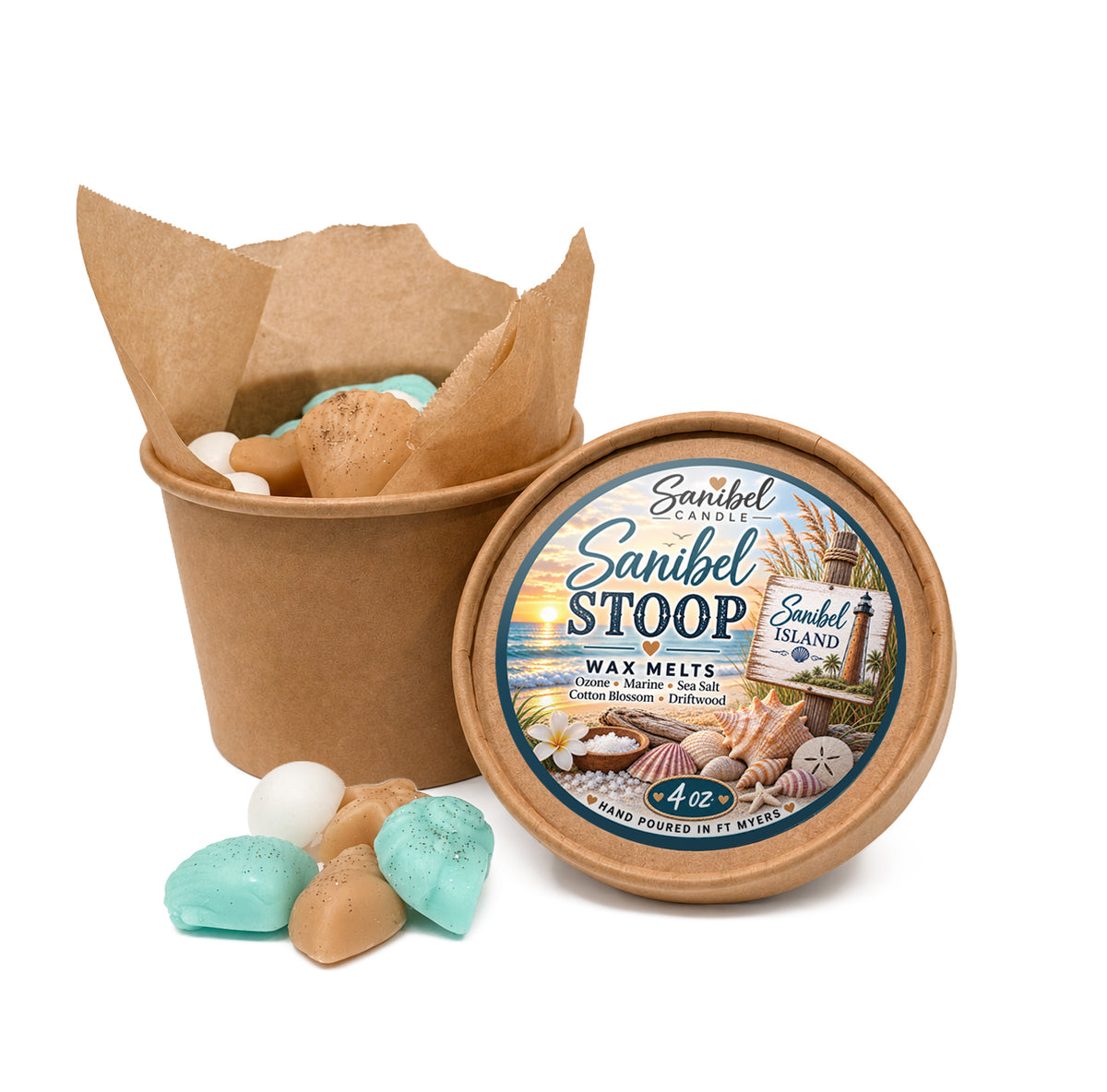 Sanibel Candle Sanibel Stoop wax melts in a 4 oz kraft container with turquoise and tan seashell-shaped melts and coastal-themed product lid.