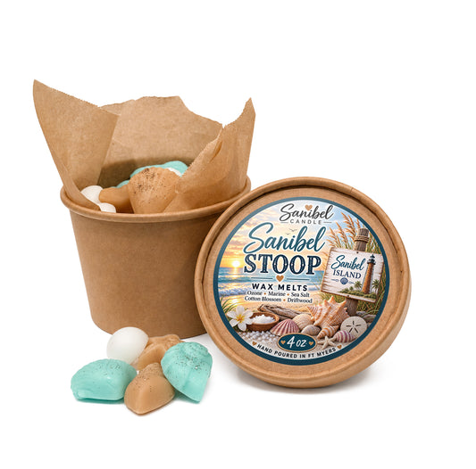 Sanibel Candle Sanibel Stoop wax melts in a 4 oz kraft container with turquoise and tan seashell-shaped melts and coastal-themed product lid.