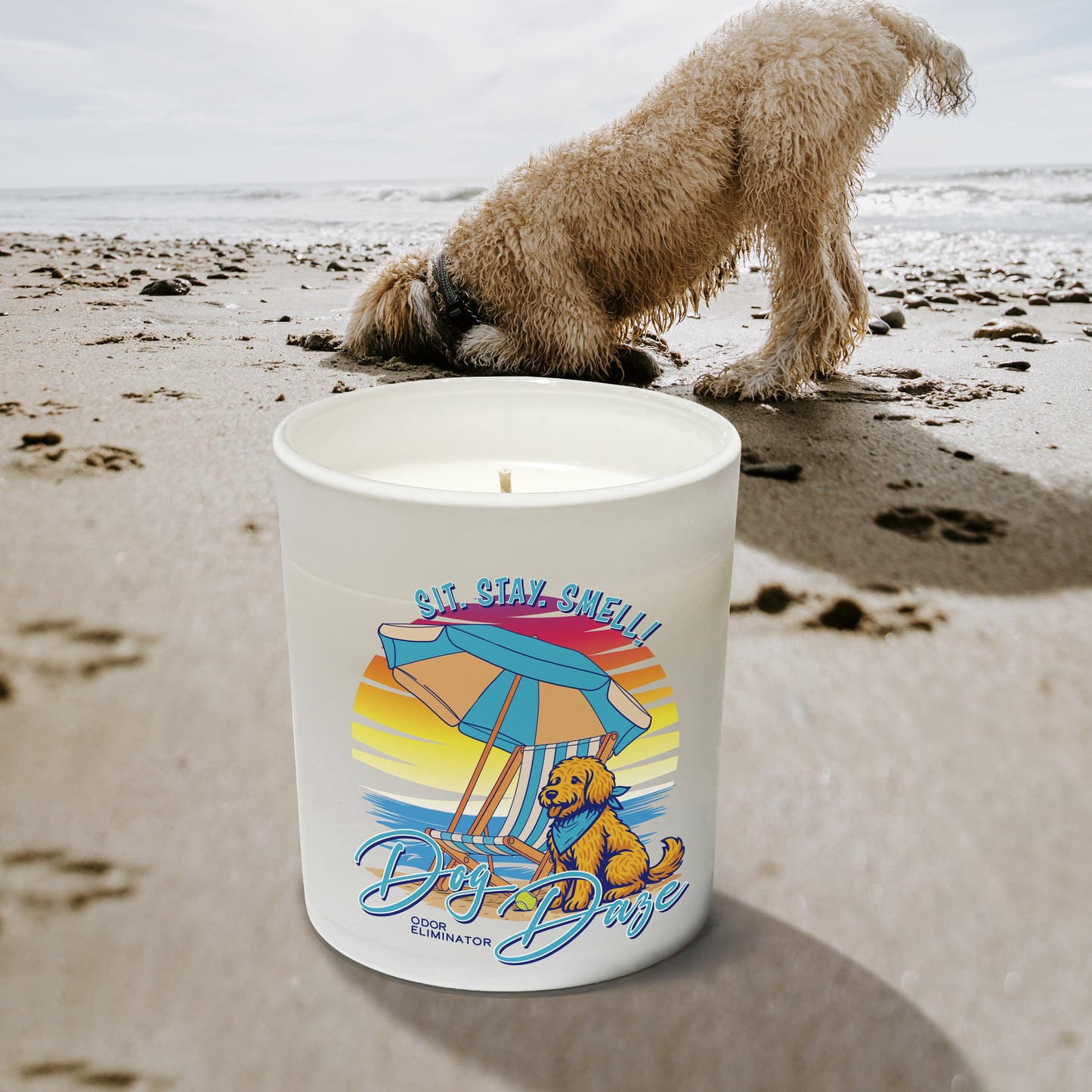 Candle with a beach-themed design on a sandy Sanibel Island Beach
