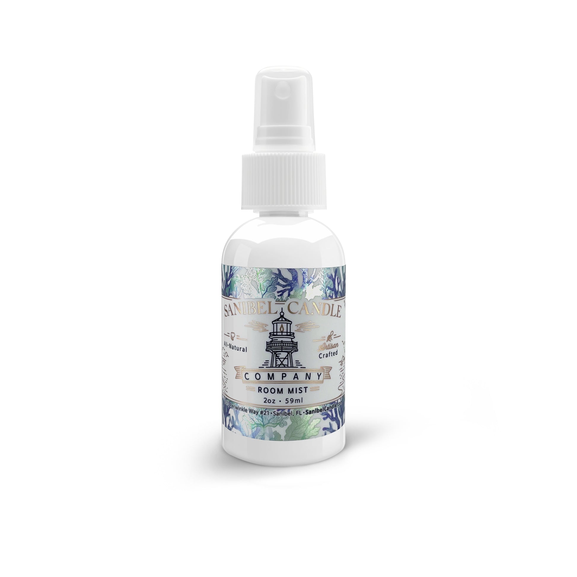 A white room mist spray bottle with a label featuring a lighthouse and floral elements. The cap of the bottle is white, and it is designed for home fragrance.